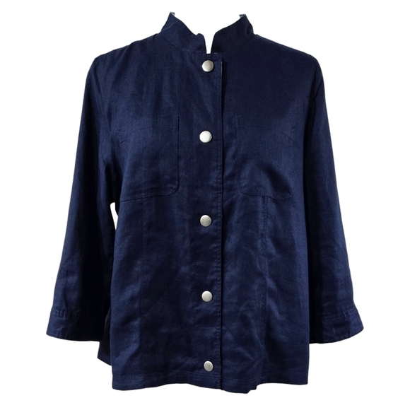 Chico's 100% Linen Blue Floral Paisley Reversible Snap Lightweight Jacket Boho - Picture 3 of 10